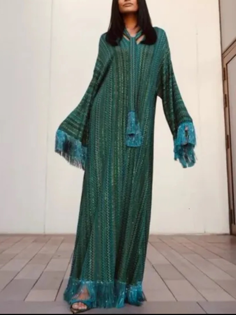 Emerald Green Long Sleeve Maxi Dress with Fringe